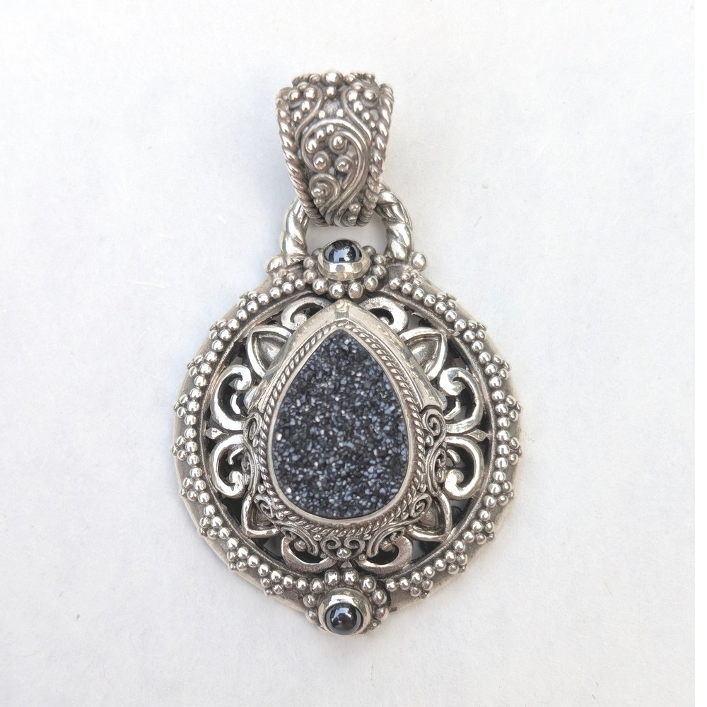 Sarda 925 Sterling Silver Black Druzy Quartz Balinese‎ Filigree Pendant J046